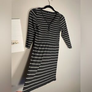 Women's Gray & White Striped, V-Neck, Short Dress